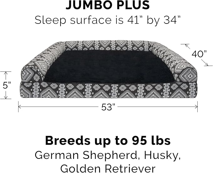 Furhaven Orthopedic Dog Bed for Large Dogs w/ Removable Bolsters & Washable Cover, For Dogs Up to 125 lbs - Plush & Southwest Kilim Woven Decor Sofa - Black Medallion, Jumbo Plus/XXL