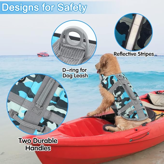 EMUST Dog Life Jackets, Dog Life Vests for Swimming, Beach Boating with High Buoyancy, Dogs Flotation Vest for Small/Medium/Large Dogs, S, NewBlueCamouflage
