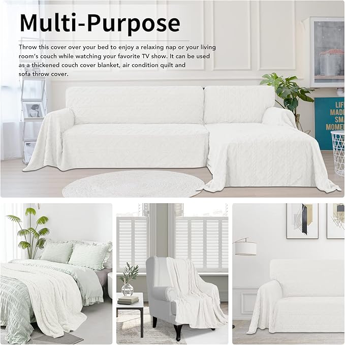 Easy-Going 80X133 inches Sofa Cover, Jacquard Velvet Oversized Couch Slipcover for 3 Cushion Couch, L Shape Sectional Covers for Dogs, Washable Sofa Blanket, Furniture Protector for Pets, Ivory