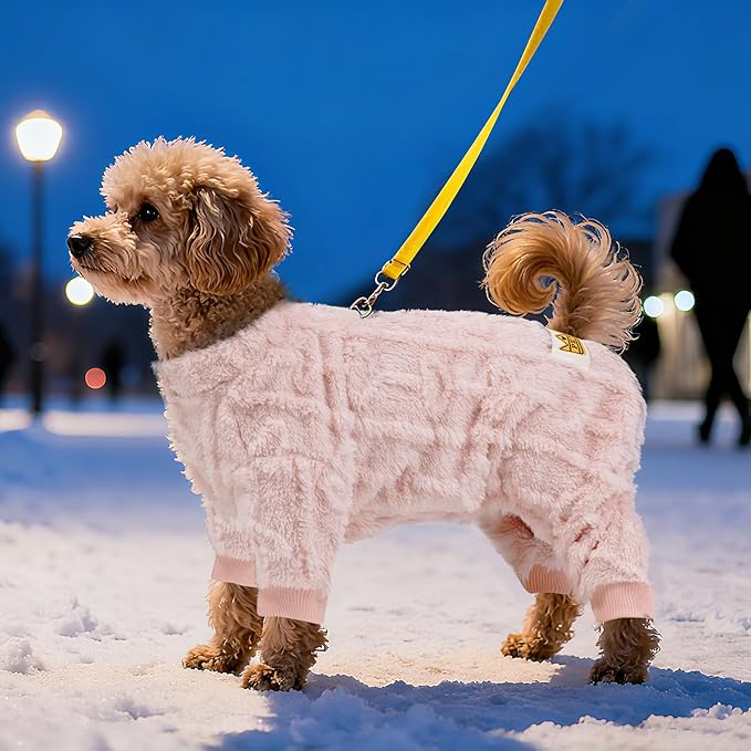 Plush Dog Pajamas for for Small Dogs Cats, Dog Sweater with Leash Ring Ultra Soft Warm Pet Clothes Puppy Onesie Outfits Doggy Pjs Jumpsuit for Winter Christmas (Pink, Medium)