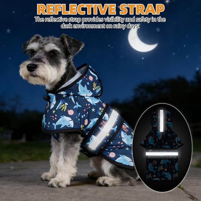 KOOLTAIL Dog Raincoat Hooded Slicker Poncho with Leash Hole, Dog Raincoat for Small Medium Dogs,Waterproof Plush Fleece Lining Pet Rain Jacket with Reflective Adjustable Strip Puppy Rainwear Shark M