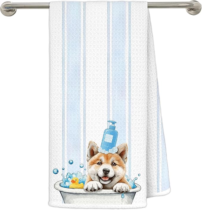 Cute Shiba Inu Bathroom Hand Towels, Kids Bathroom Decor, Shiba Inu Gifts, Dog Lover Mom Dad Gifts, Blue Striped Dog Decorative Hand Towels for Bath Room Washroom Restroom, 16x24 Inch