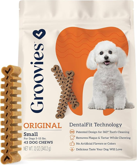 Groovies Flexible Dog Dental Chews with Patented DentalFit Technology to Help Support Tartar Control & Fresh Breath, Small Dog Chews for 5-15 lb Dogs, USA Manufactured Oral Care, 43 Chews