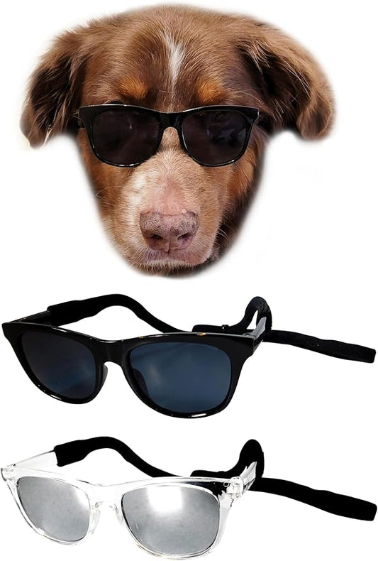 G006 Dog Pet 80s Costume Sunglasses Prop Photoshoot Medium Breeds 20-40 lbs (2-Pack Black+ Clear-Mirror)