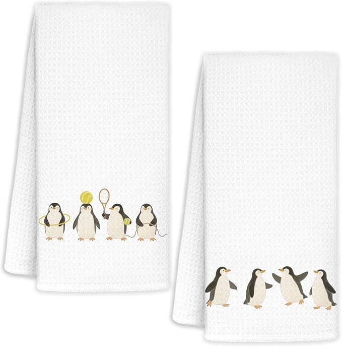 Cute Penguin Bathroom Hand Towels Set of 2, Penguin Gifts for Kids, Funny Polar Animal Tennis Sport Dish Hand Tea Towels for Kitchen Bathroom Decor, 16x24 Inch