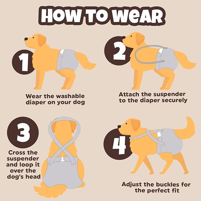 Pet Soft Dog Diapers Female with Suspenders, 3 Pack Reusable Female Dog Diapers for Heat, Dog Period Panties for Doggie in Cycle(Large, Bear Brown)