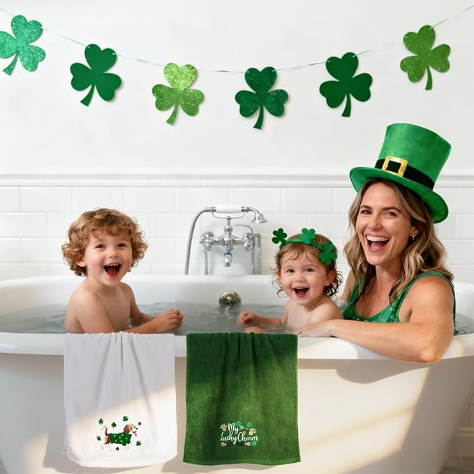 Whaline St. Patrick's Day Hand Towels Embroidered Cotton Bathroom Towel Dog Shamrock Clover Absorbent Bath Towel for Kitchen Dish Drying Cleaning Cooking, 29.5 x 13.7 Inch, 2Pcs