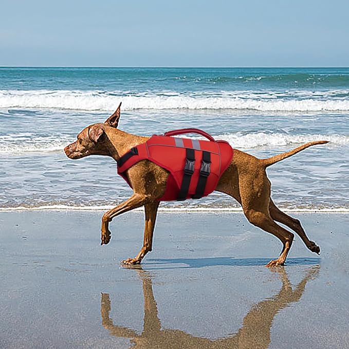 Kuoser Small Dog Life Jacket, High Flotation Dog Water Vest for Swimming Boating, Reflective Doggie Swimming Vest Pet Life Preserver with Rescue Handle, Red XS