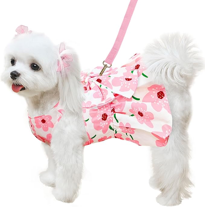 Cute Dog Dress Small Dog Clothes for Girls Female Puppy Outfits Floral Pet Summer Clothes Bowknot Doggy Harness Dress Cat Princess Dresses for Holiday Birthday Party (Pink Floral, Medium)