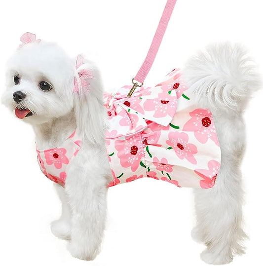 Cute Dog Dress Small Dog Clothes for Girls Female Puppy Outfits Floral Pet Summer Clothes Bowknot Doggy Harness Dress Cat Princess Dresses for Holiday Birthday Party (Pink Floral, Medium)