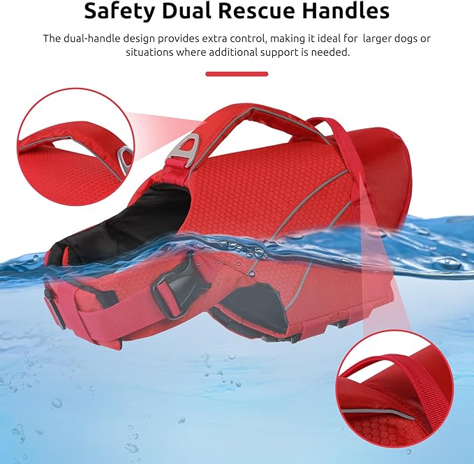 Queenmore Dog Life Jacket with Front Float, Adjustable Ripstop Dog Life Vest for Boating, Enhanced Buoyancy Pet Swimmng Vest, Pet LifeJackets with Rescue Handle (Red,L)