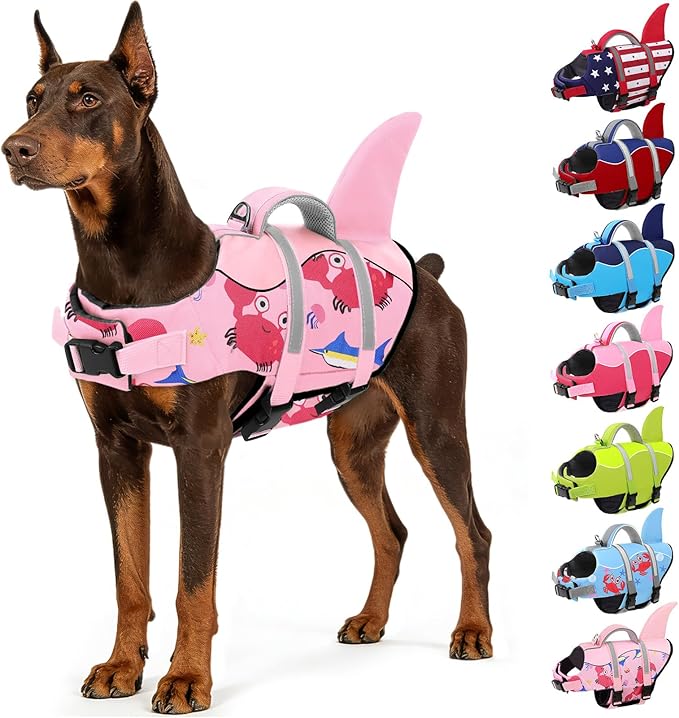 AOFITEE Dog Life Jacket, Dog Life Vest for Swimming, Shark Dogs Swimming Vest with Rescue Handle and Reflective Stripe, Ripstop Pet Float Coat Swimsuit Lifesaver Small Medium Large Dogs Pink XS