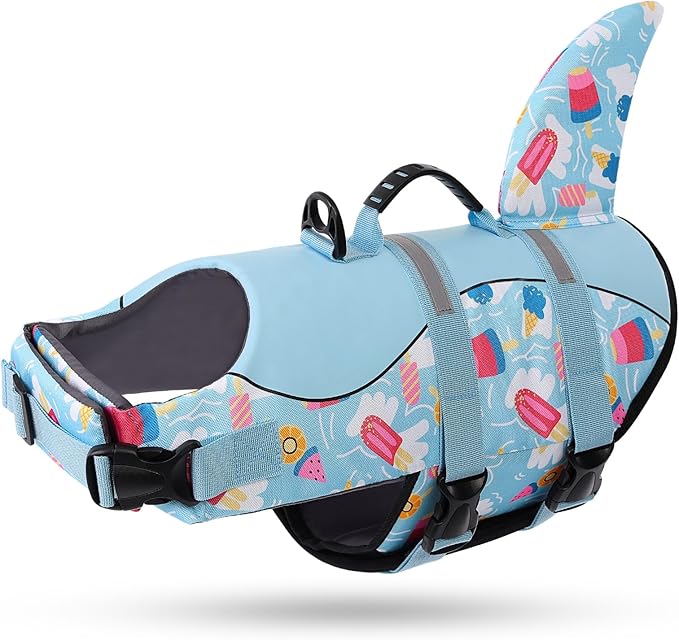 Queenmore Shark Dog Life Vest for Swimming, Dog Life Vests for Boating, High Buoyant Dog Life Jacket, Ripstop High Flotation Swimsui for Small, Medium, Large Dogs (Blue Ice Cream,XS)