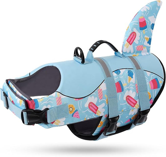 Queenmore Shark Dog Life Vest - High Buoyant Jacket, Ripstop Flotation Swimsuit for Small, Medium, Large Dogs (Blue Ice Cream, L)