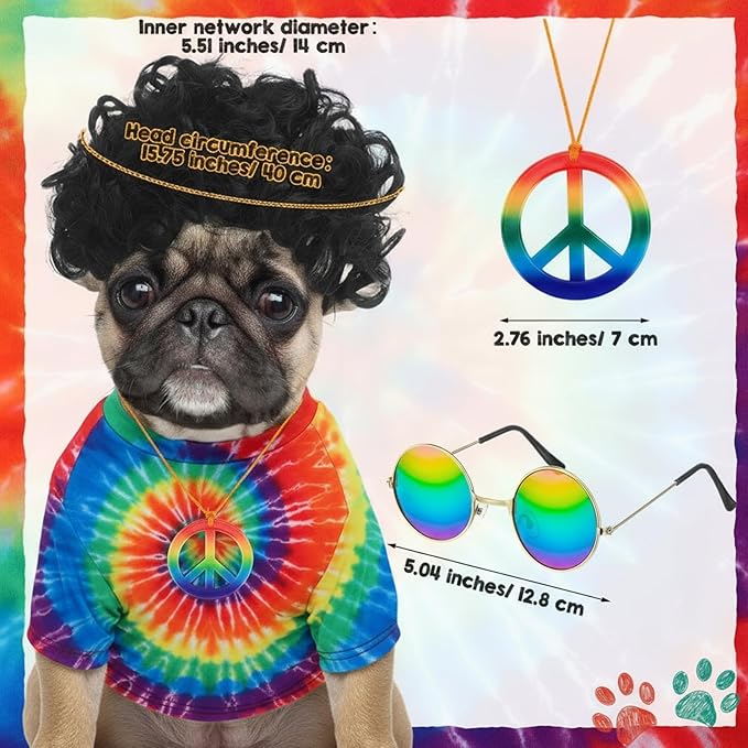 Kinlop 4 Pcs Hippie Dog Costume Halloween Pet Costume Accessories Includes 60s 70s Colorful Tie Dye T-Shirt Funky Wig Peace Sign Necklace and Sunglasses for Party Dress up(Large)