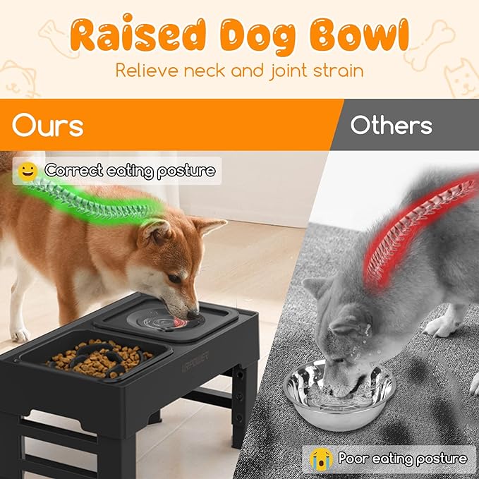 URPOWER 2-in-1 Elevated Slow Feeder Dog Bowls with No-Spill Water Bowl, 4 Height-Adjustable Raised Dog Bowls, Non-Slip Food and Water Bowls with Stand for Small, Medium, Large Dogs, Cats and Pets