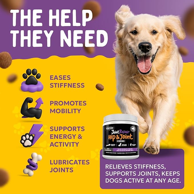 Joint Repair Dog Hip and Joint Supplement with Glucosamine, Chondroitin, Omega 3, MSM, Hemp & Turmeric. Supports Hip & Joint Health, Mobility & New Cartilage. 120 Chicken Flavor Chews, Made in USA