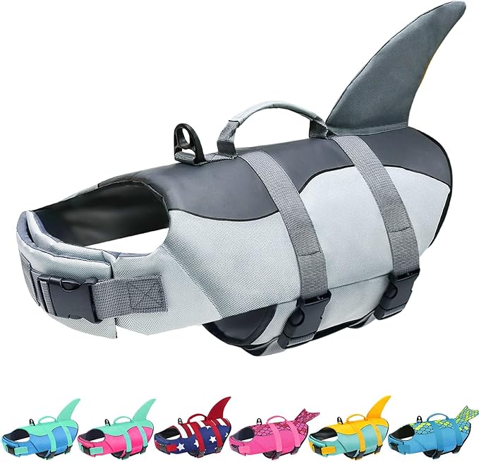 Malier Dog Life Jacket, Ripstop Dog Life Vest with High Buoyancy for Swimming Boating, High Visibility Shark Puupy Lifesaver for Small Medium Large Dogs (Medium)