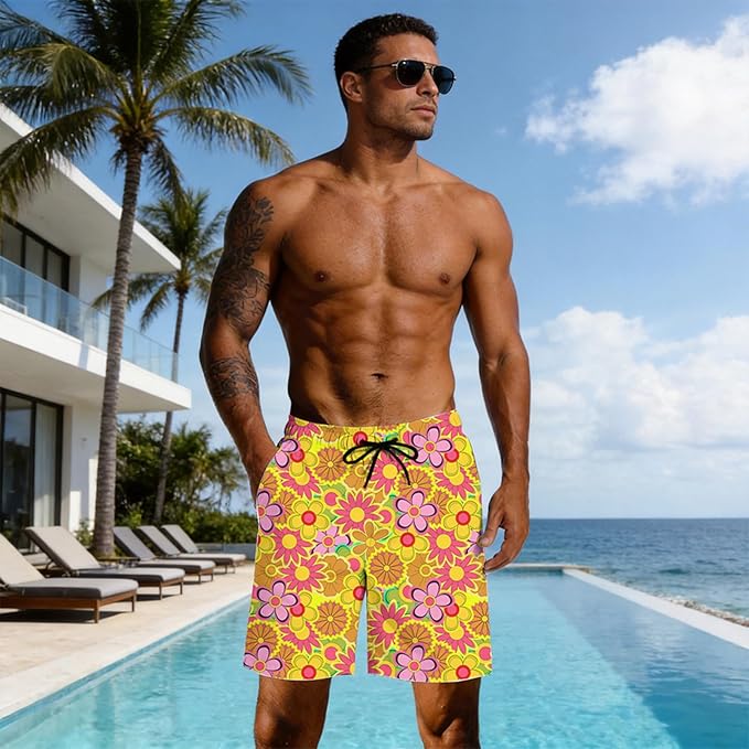 Mens Swim Trunks with Compression Liner Quick Dry Zipper Pocket Bathing