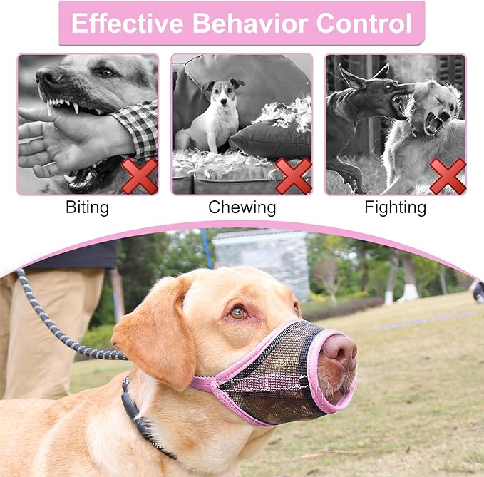 LUCKYPAW Dog Muzzle, Mesh Muzzle for Small Medium Dogs, Soft Mouth Cover to Prevent Biting Chewing, Drinkable Breathable Adjustable Puppy Mouth Guard(M, Pink)