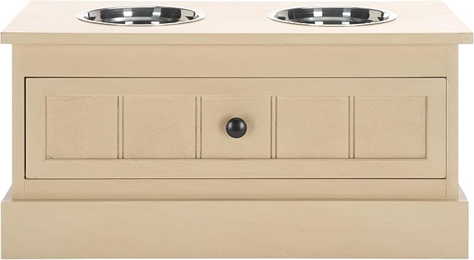SAFAVIEH Home Collection Boomer Natural Brown Elevated Pet Feeder Dog Bowl Stand with Drawer (Fully Assembled)