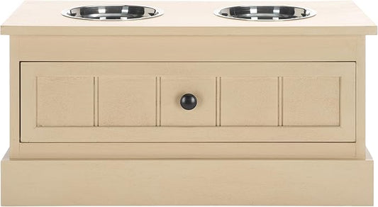 SAFAVIEH Home Collection Boomer Natural Brown Elevated Pet Feeder Dog Bowl Stand with Drawer (Fully Assembled)