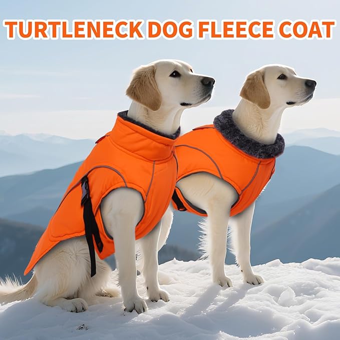 DENTRUN Winter Warm Dog Coat Reflective Jacket with Turtleneck for Cold Weather, Adjustable Buckle Windproof Water Repellent, Thick Snowsuit Fleece Vest for Small, Medium, Large Dogs, Orange, XL