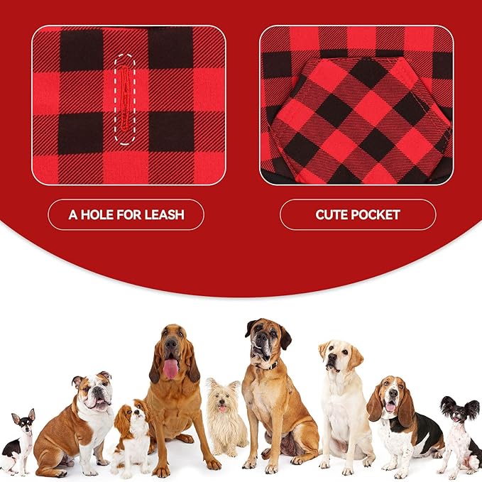 Dog Sweater Red Buffalo Plaid Pet Clothes Warm and Soft Breathable Cozy Small Pet Hoodies Dog Sweaters for Small Dogs with Pocket(XS)