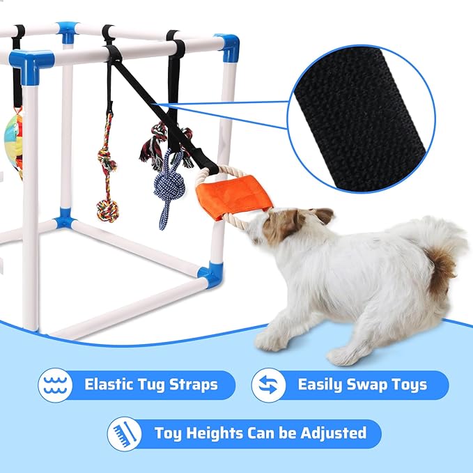 Puppy Play Gym with 8 Hanging Interactive Toys, Indoor Jungle Gym for Small Dogs & Puppies 0-6 Months, Adjustable PVC Frame, Teething Chew Toys for Mental Stimulation & Boredom Relief