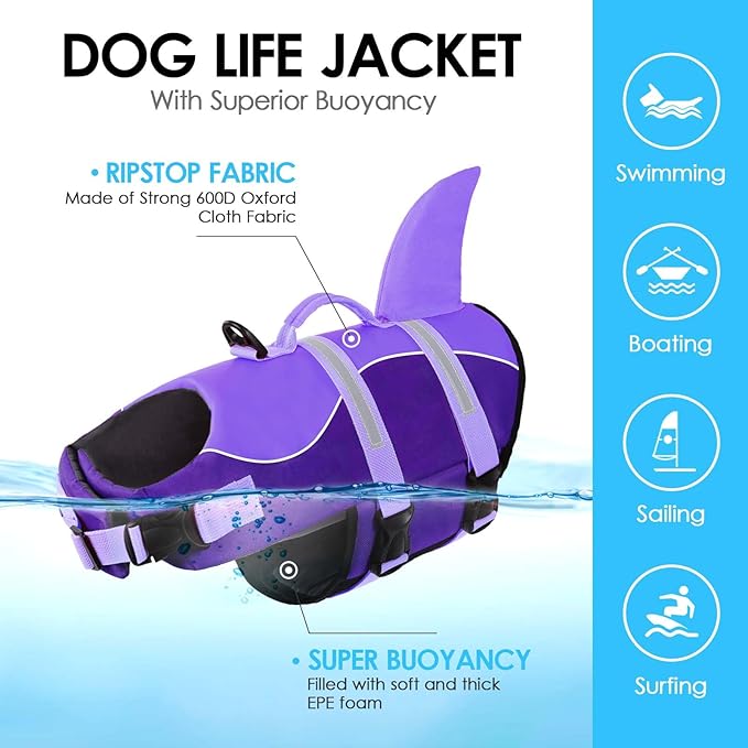 AOFITEE Dog Life Jacket, Dog Life Vest for Swimming, Reflective Puppy Safety Vest with Superior Buoyancy and Rescue Handle, Adjustable Dogs Swimsuit Float Coat for Small Dogs, Purple XS