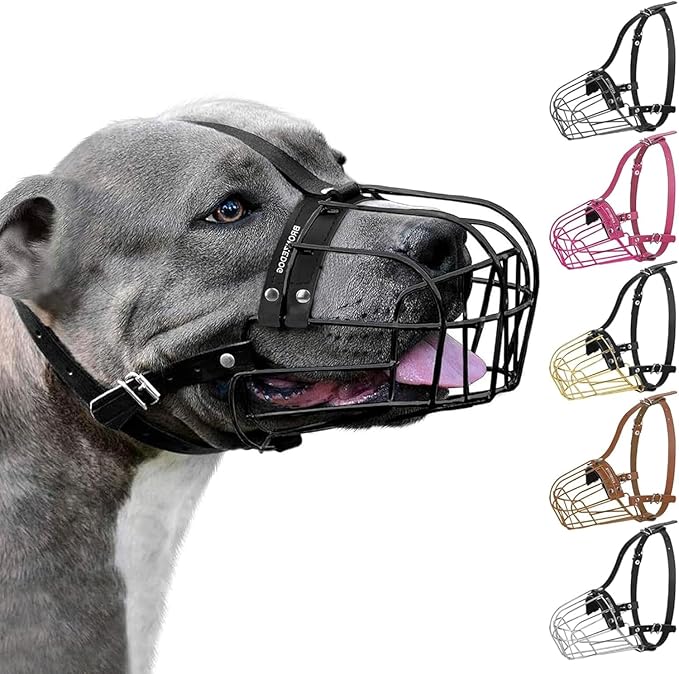 BRONZEDOG Pitbull Dog Muzzle Metal Mask Amstaff Wire Basket Pit Bull Adjustable Leather Straps for Large Dogs (Black)