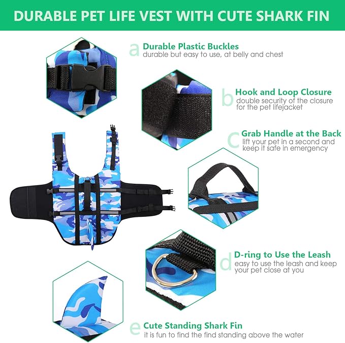 Queenmore Dog Life Jacket Pet Safety Vest High Buoyancy Camouflage Color Cute Shark with Strong Rescue Handle and Leash Ring for Boating, Canoeing, Surfing, Hunting, Blue L