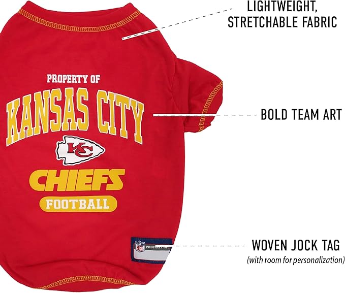 NFL Kansas City Chiefs Dog T-Shirt for Pets, Size Large. Officially Licensed Pet Shirt with Team Logo, Soft Stretchable Comfort Fit Apparel for Dogs & Cats