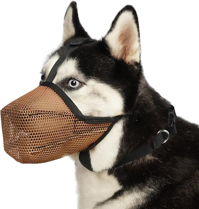 Mayerzon Dog Muzzle, Soft Mesh Muzzles for Large Medium Small Breed Labrador Retriever Husky Beagle Poodle, Adjustable Dog Mouth Guard for Scavenging Licking Grooming, with Matching Collar(XXS, Brown)
