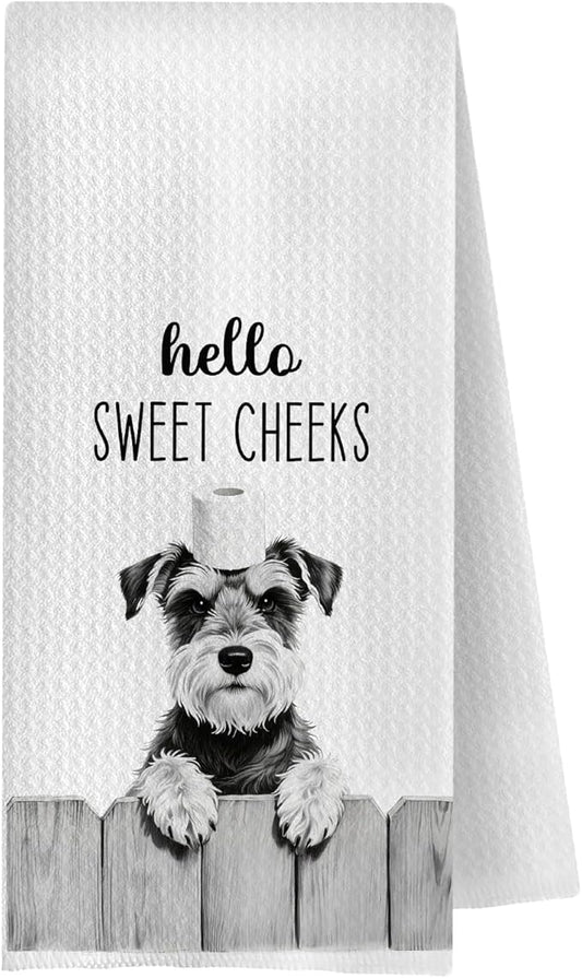 Farmhouse Funny Schnauzer Dog Hand Towels, Hello Sweet Cheeks Bathroom Decor, Schnauzer Lover Gifts Decorative Hand Towels for Bathroom Washroom Restroom, 16x24 Inch