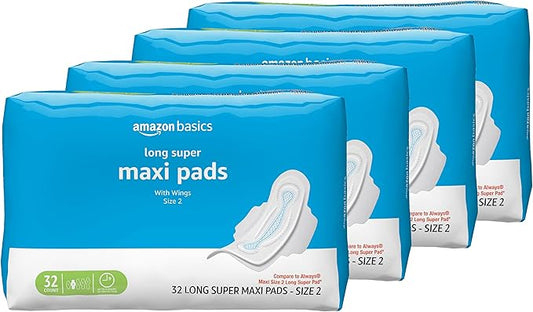 Amazon Basics Thick Feminine Maxi Pads with Flexi-Wings for Periods - Long Length, Super Absorbency, Unscented, Size 2, 128 Count (4 Packs of 32)