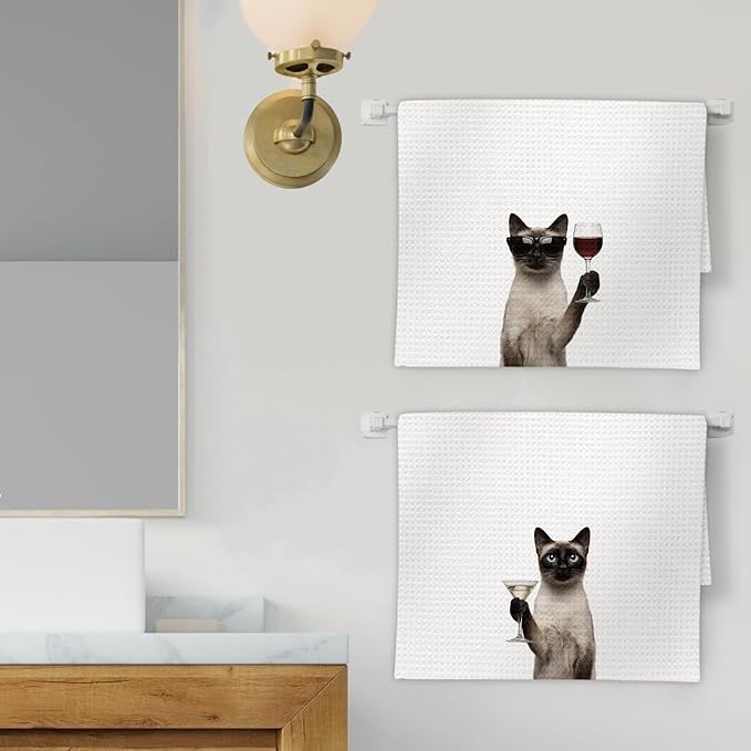 Siamese Cat Gifts Wine Kitchen Towels Set of 2, Funny Cats Martini Lover Decorative Hand Dish Towel for Kitchen Home Bar, Gift for Siamese Cat Martini Wine Lovers Home Bar Decor(16x24Inch)