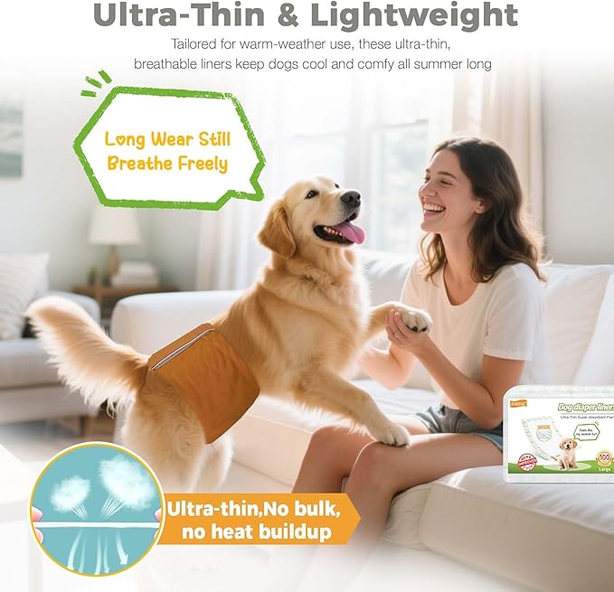 Dog Diaper Liners, 150 Count, Super Absorbent Booster Pads for Male and Female Dogs, Ultra-Thin and Breathable, Regular