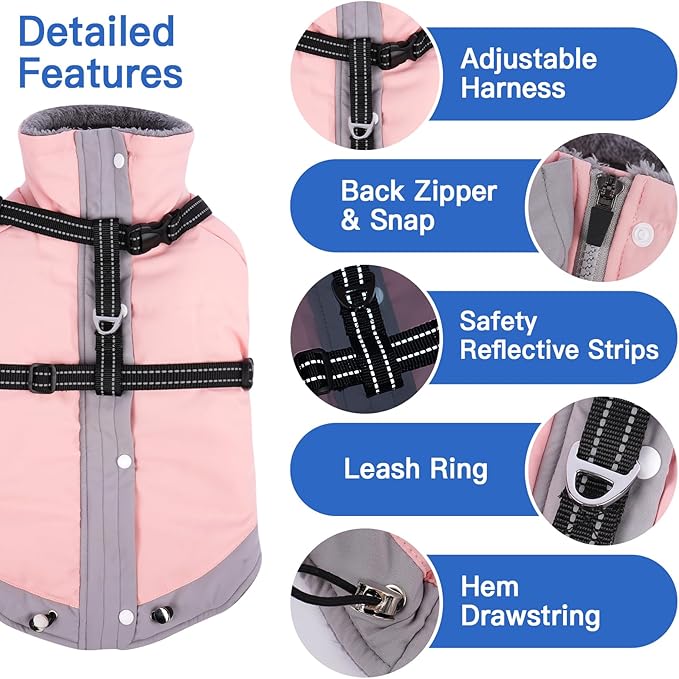 Turtleneck Dog Coat with Harness Built in - S,Soft Warm Lining | Adjustable Reflective Harness Coats for Small Dogs,Snow Day Water-Repellent,Windproof & Cold-Resistant Jacket (Light Pink)