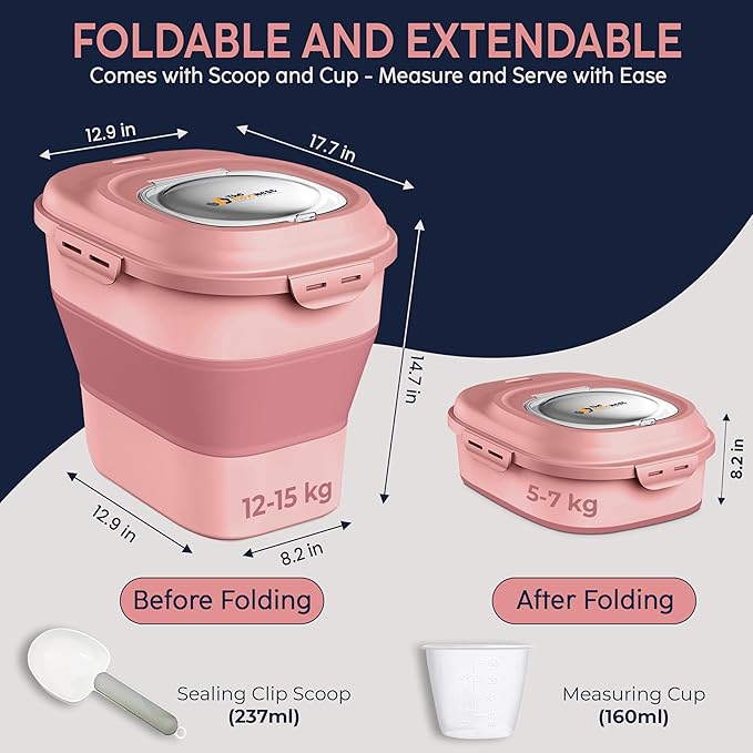 Dog Food Storage Container 30-35 lb, Airtight Collapsible Cute Dog Food Container with Wheels & Scoop, Stackable Pet Food Storage Container for Dog & Cat Food (Pink)