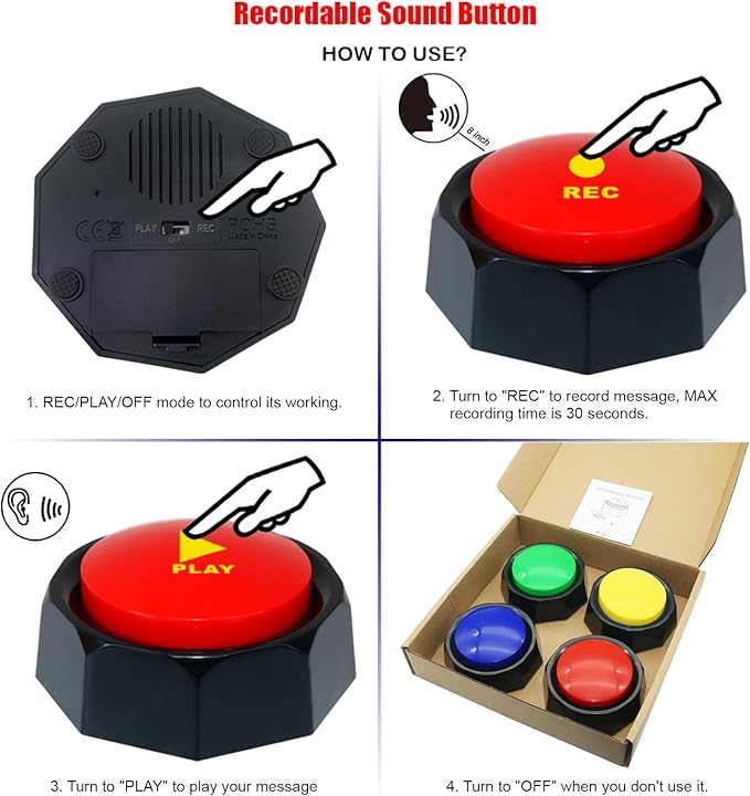 Recordable Buttons, Dog Buttons for Communication, 30 Seconds Recording Upgrade, Pack of 4 Colored Buzzers, Easy to Use,Material Safety. (Batteries Inside)