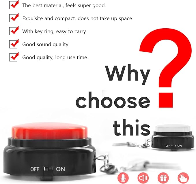 Recordable Talking Button with Keychain, 20s Voice Recording Time Sound Button Answer Buzzers Funny Buttons Record Your Own Words Also Used for Dog Pack of 2 - Red and White (Battery Included)