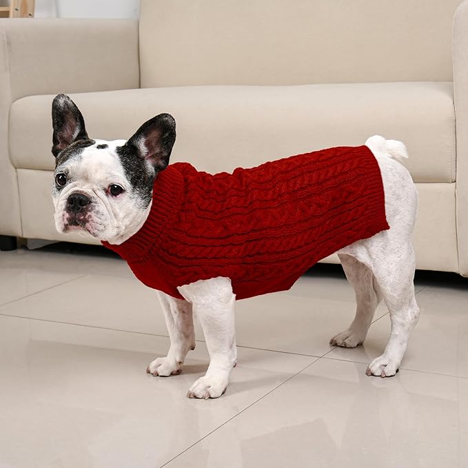 2 Pack Dog Sweaters for Medium Dogs Winter Turtleneck Pullover Cable Knit Fleece Stretch Frenchie Dachshund Pug Corgi Beagle Boy Girl Pet Clothes (L, Red & Green)