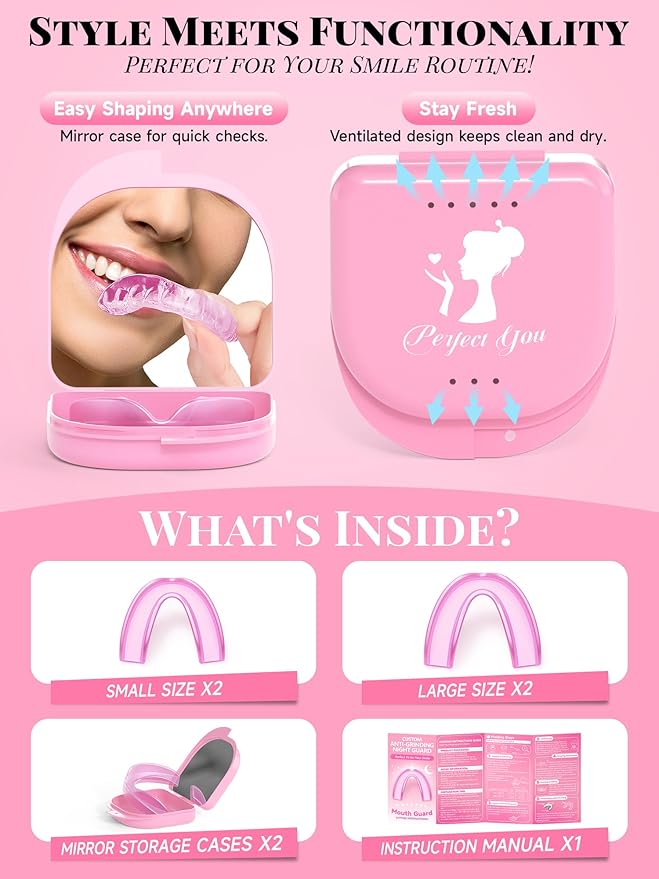 Pink Night Guards for Teeth Grinding, Comfortable Mouth Guards with 2 Mirror Storage Cases