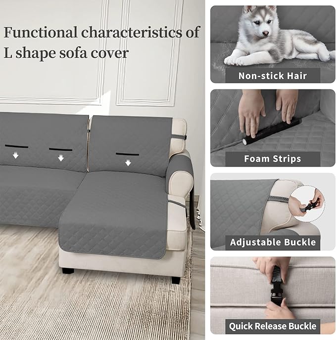 Easy-Going Waterproof Sectional Couch Covers with Chaise 2-Piece Non Slip L Shape Sofa Cover for Dogs Leakproof Furniture Protector Cover with Adjustable Strap for Pets (Small, Gray)