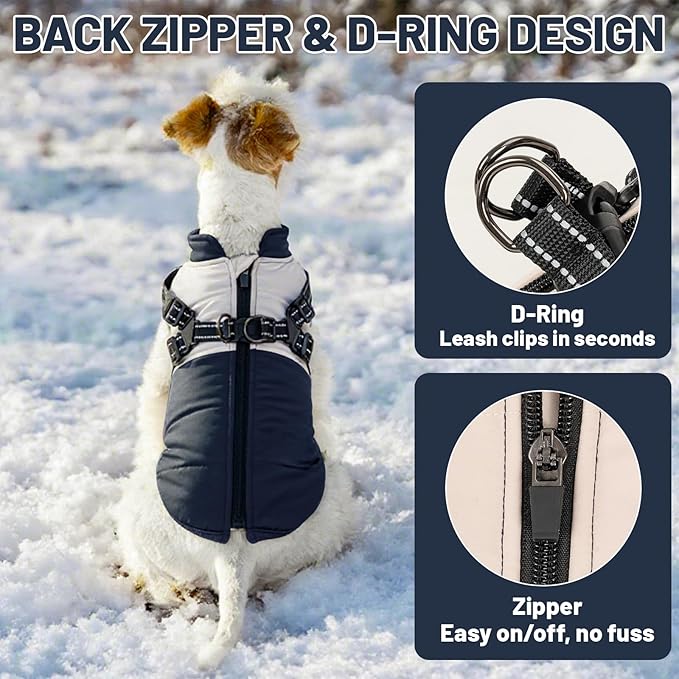 Dog Winter Coat for Small & Medium Dogs, Waterproof Dog Coat with Harness, Puppies Windproof Puppy Puffer Jacket, Snowsuit for Dachshund, Frenchie, Corgi (Classic Blue,L)