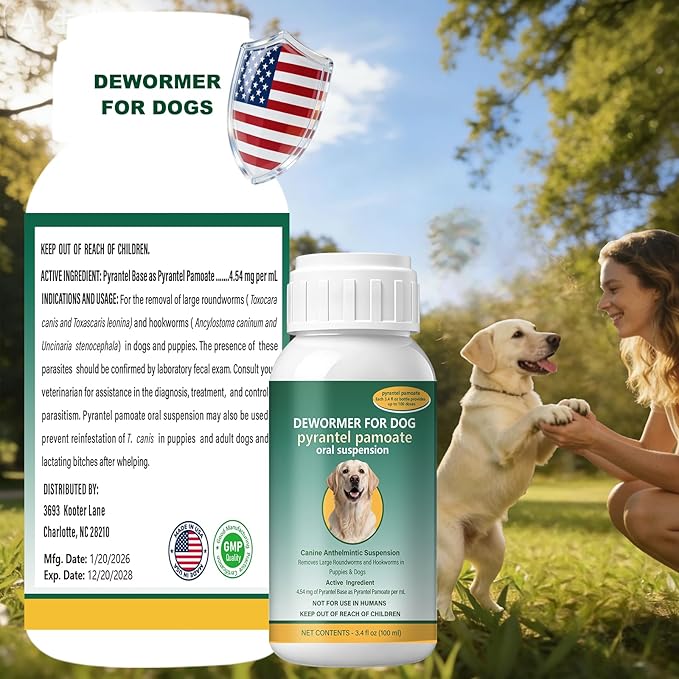 Dog Dewormer Liquid for Large Dogs for All wormers – Pyrantel Pamoate for Roundworms & Hookworms, 100 mL (3.4 fl oz) ﻿