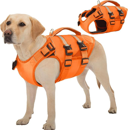 Kuoser Dog Life Jacket, High Flotation Dog Life Vest for Swimming Boating, Adjustable Ripstop Pet Lifesaver for Small Medium and Large Dogs, Reflective Safety Puppy Swimming Vest with Rescue Handle