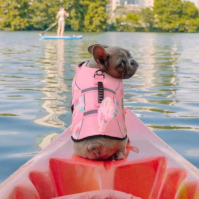 Queenmore Dog Life Jacket High Flotation, Reflective Dog Life Vests for Swimming, Adjustable Dog Life Preserver Rescue Handle Spring Summer Pool for Small, Medium, Large Dogs (Pink Ice Cream,XS)