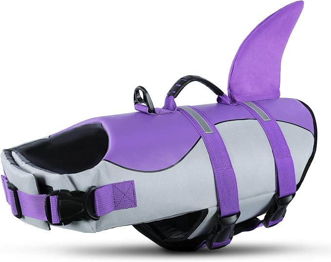 Queenmore Dog Life Jacket,Dog Life Vest for Swimming,Dog Shark Life Jacket with Rescue Handle,Adjustable Reflective Dog Life Preserver for Extra Large Dog,Purple 2XL